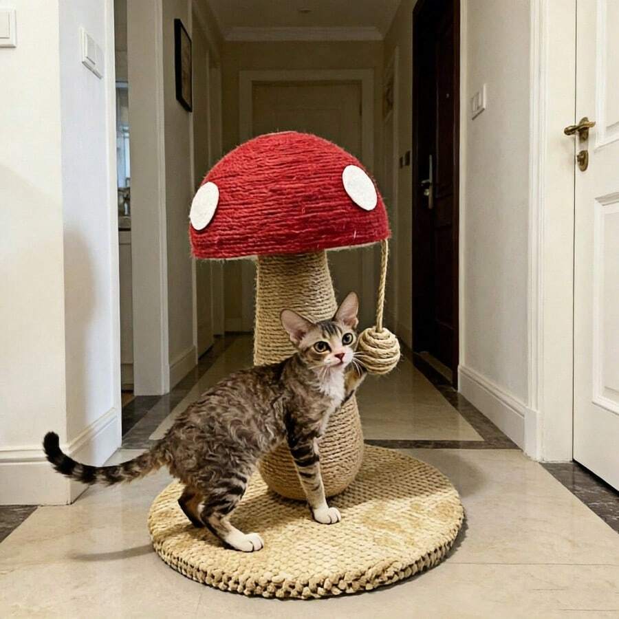 Small bright red mushroom-shaped sisal cat scratching post and climbing frame toy for cats.