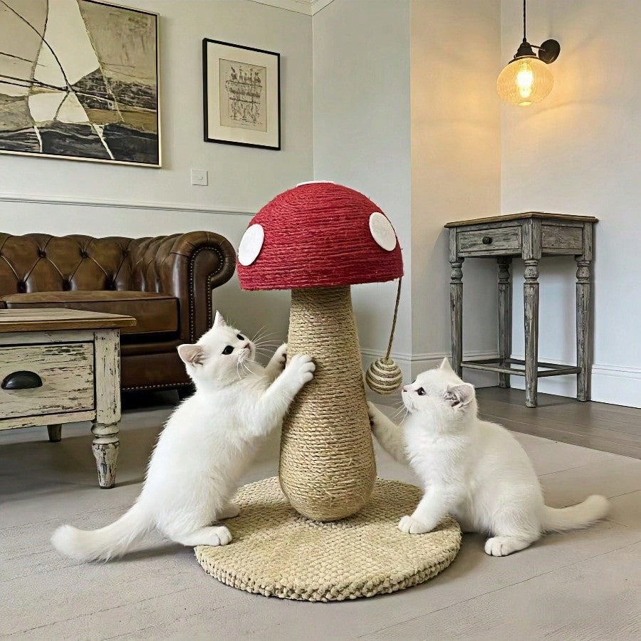 Small bright red mushroom-shaped sisal cat scratching post and climbing frame toy for cats.