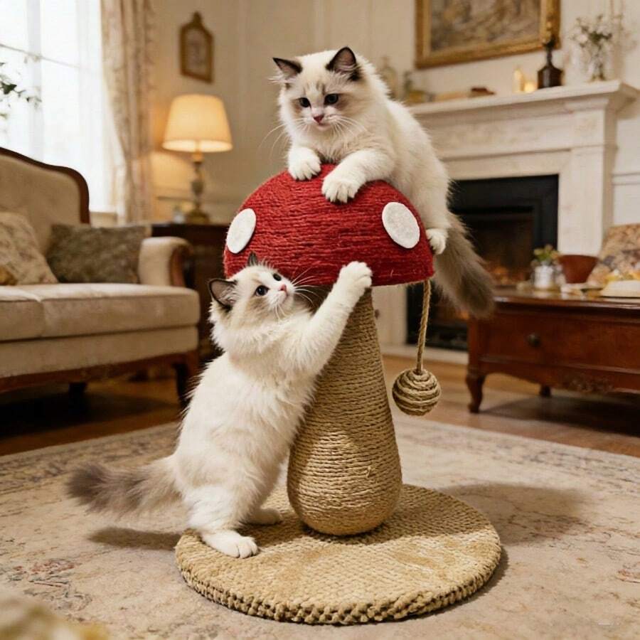 Small bright red mushroom-shaped sisal cat scratching post and climbing frame toy for cats.