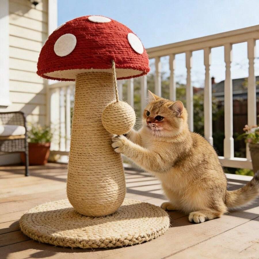 Small bright red mushroom-shaped sisal cat scratching post and climbing frame toy for cats.