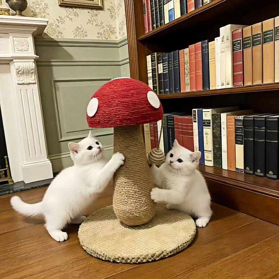 Small bright red mushroom-shaped sisal cat scratching post and climbing frame toy for cats.