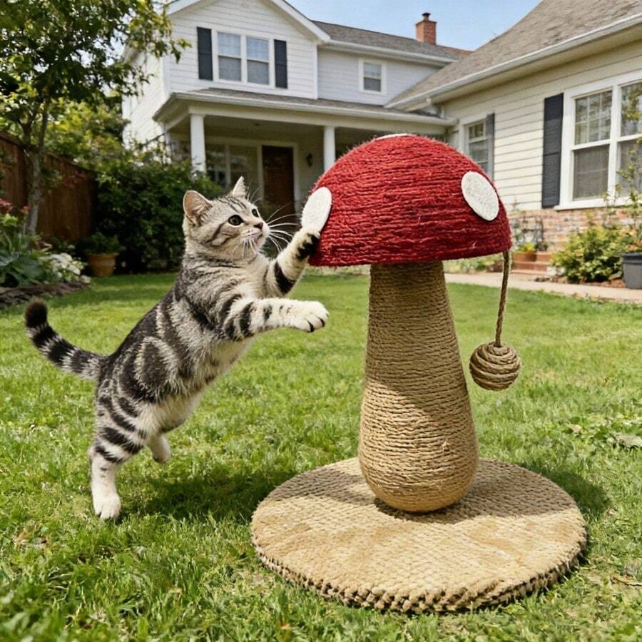 Small bright red mushroom-shaped sisal cat scratching post and climbing frame toy for cats.