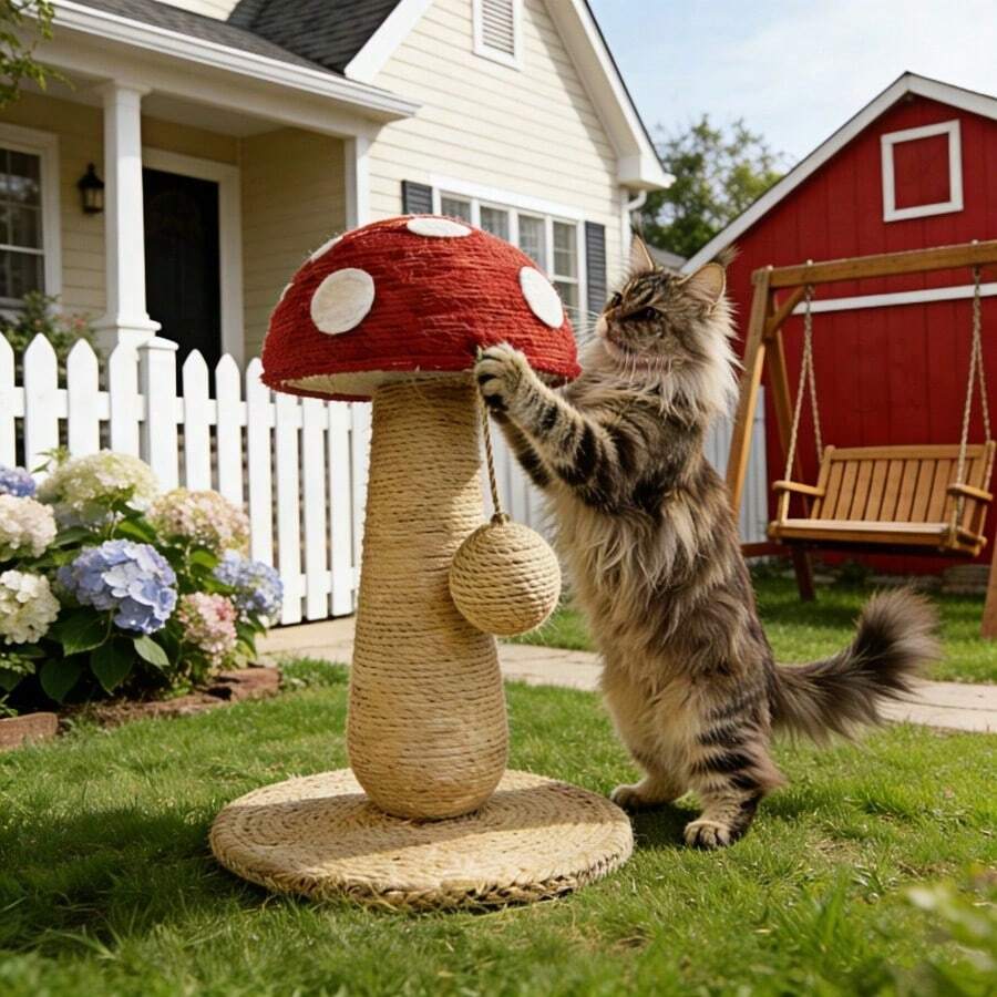 Small bright red mushroom-shaped sisal cat scratching post and climbing frame toy for cats.