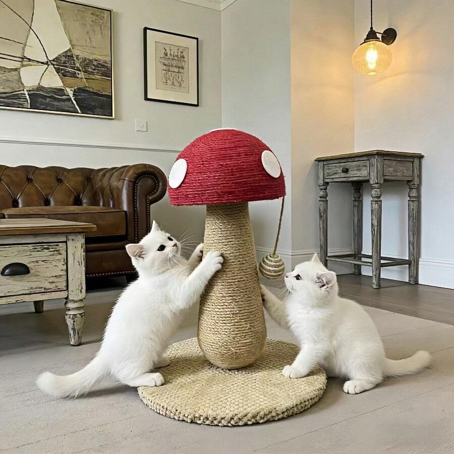 Small bright red mushroom-shaped sisal cat scratching post and climbing frame toy for cats.