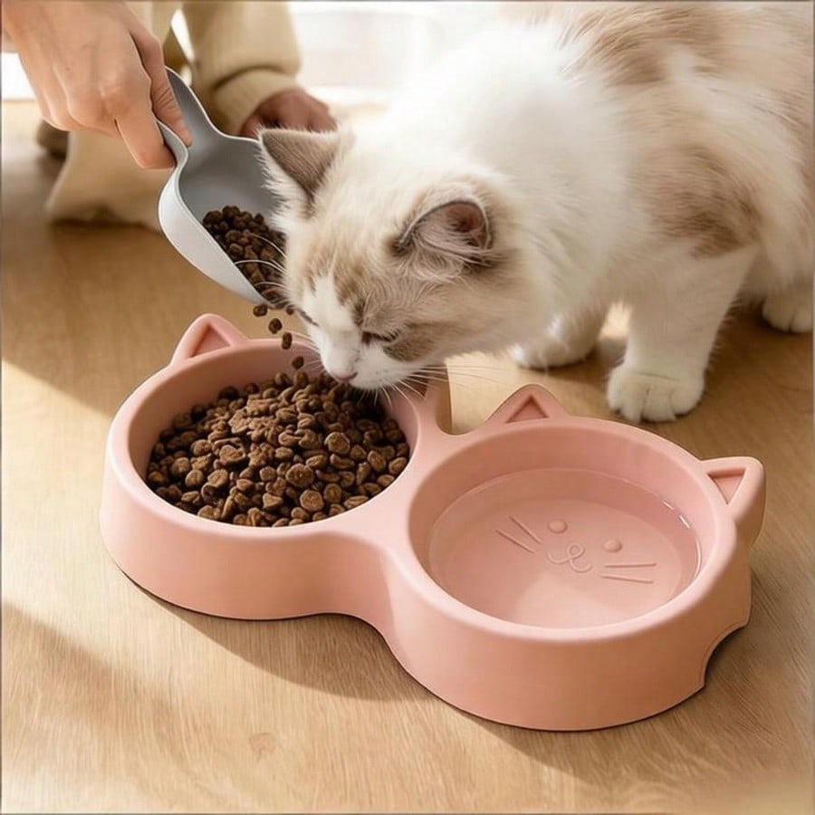 Cute Cat Shaped Dual Pet Bowls, Suitable For Cats, Dogs, Rabbits And Small Pets, Plastic Cat Food Bowl With Anti-Spill Silicone Base, Easy To Clean And Durable