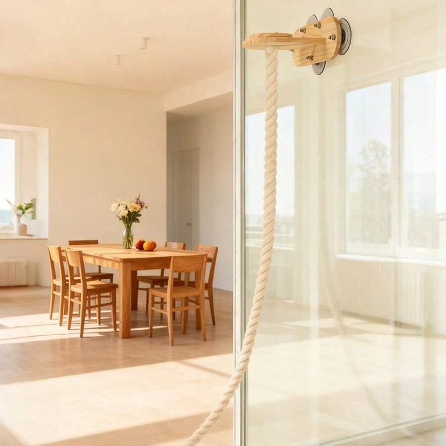 Multicolor wall-mounted solid wood and sisal rope cat climbing scratcher post.