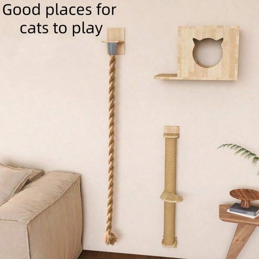 Multicolor wall-mounted solid wood and sisal rope cat climbing scratcher post.