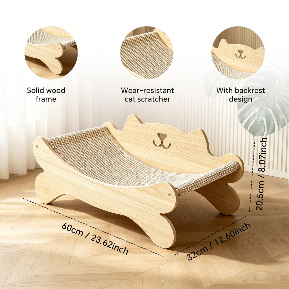Solid wood cat-shaped lounge bed with a sisal scratcher surface for indoor cats