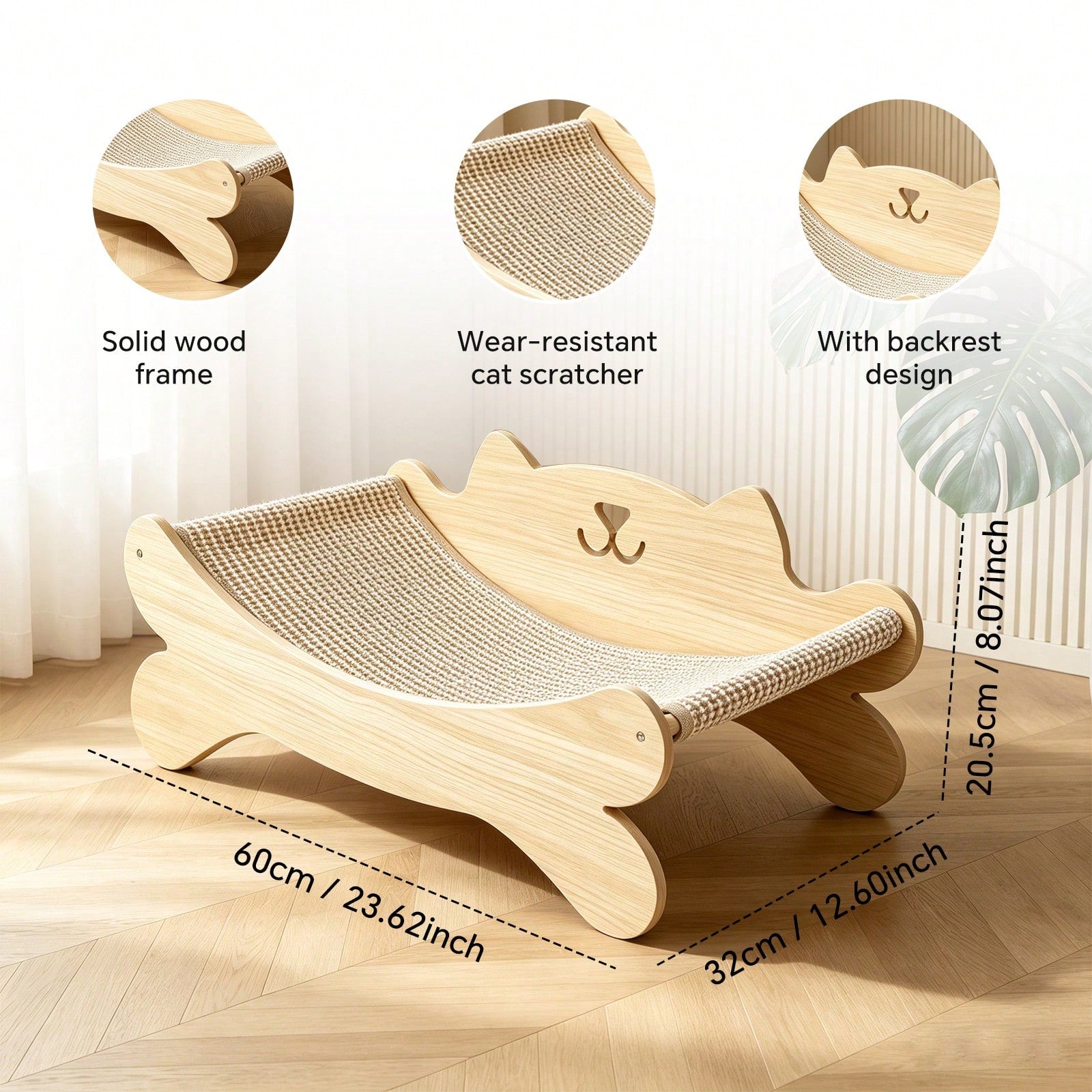 Solid wood cat-shaped lounge bed with a sisal scratcher surface for indoor cats