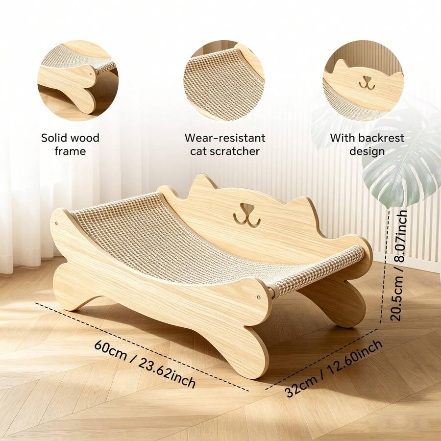 Solid wood cat-shaped lounge bed with a sisal scratcher surface for indoor cats