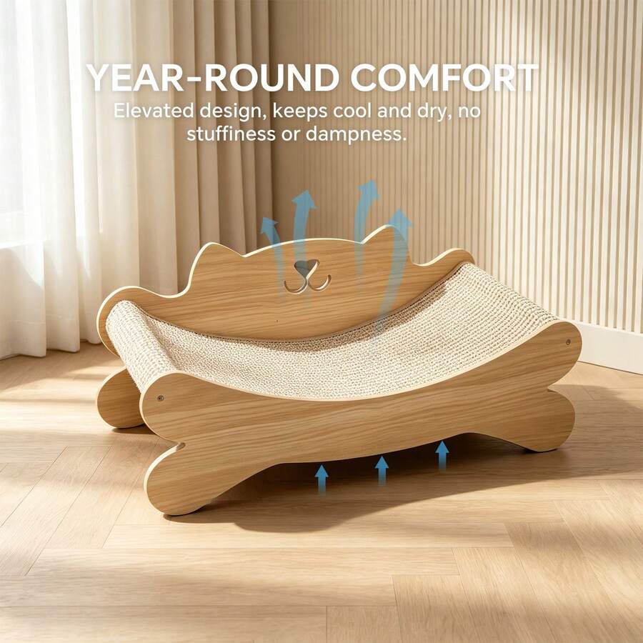 Solid wood cat-shaped lounge bed with a sisal scratcher surface for indoor cats