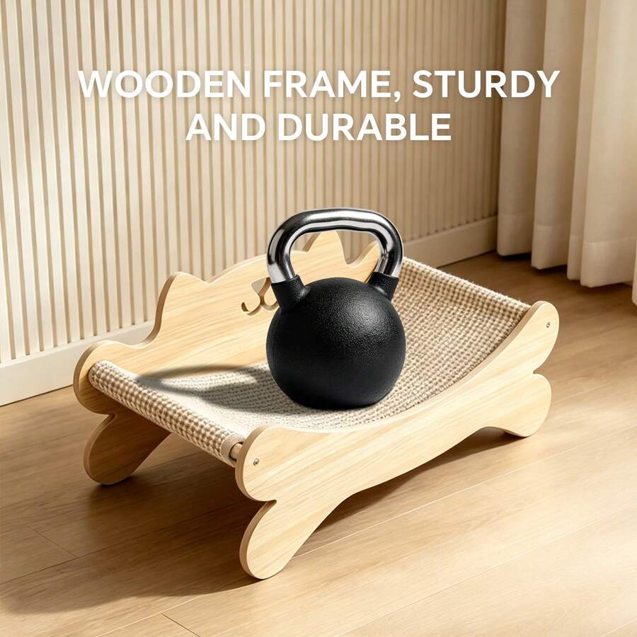Solid wood cat-shaped lounge bed with a sisal scratcher surface for indoor cats