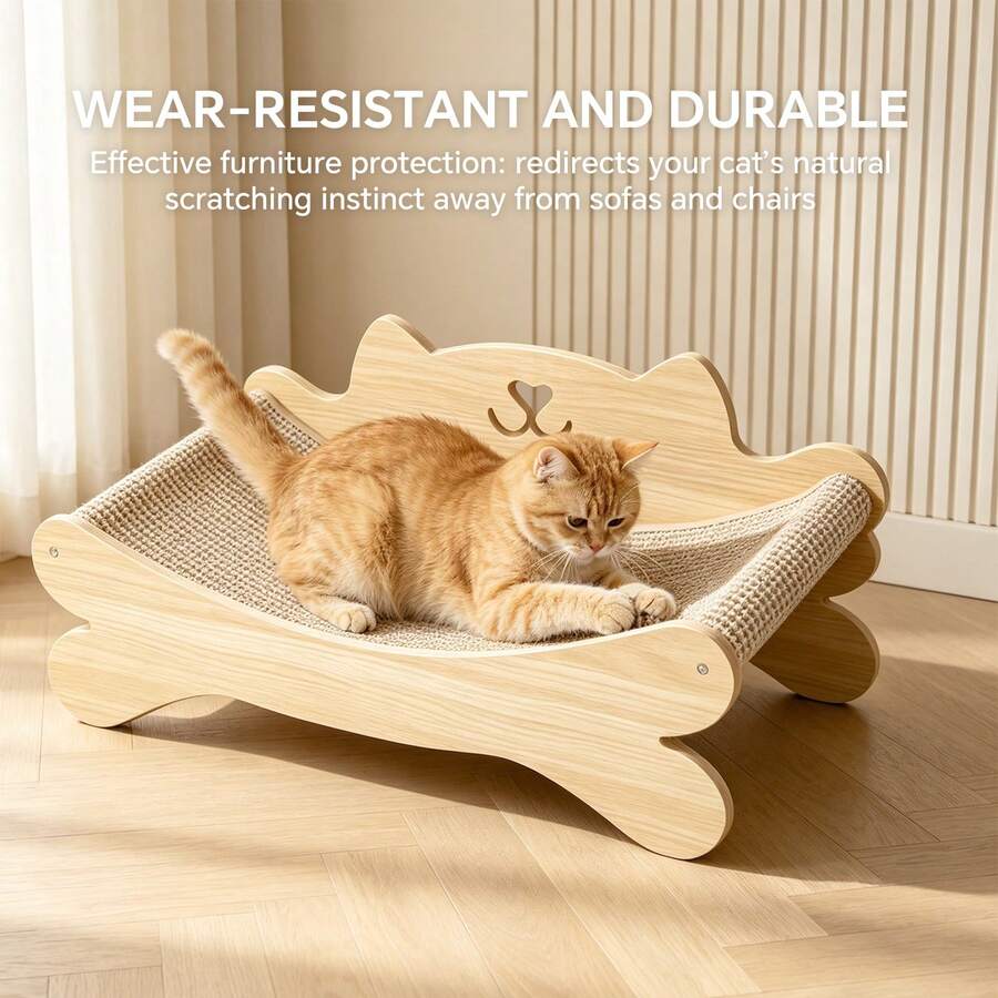 Solid wood cat-shaped lounge bed with a sisal scratcher surface for indoor cats