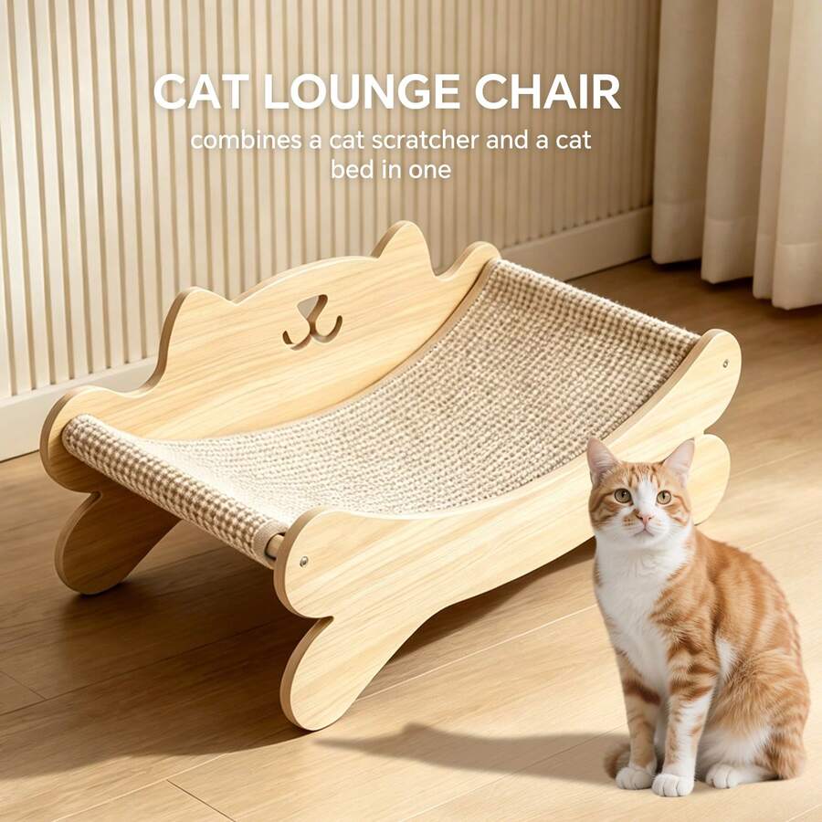 Solid wood cat-shaped lounge bed with a sisal scratcher surface for indoor cats