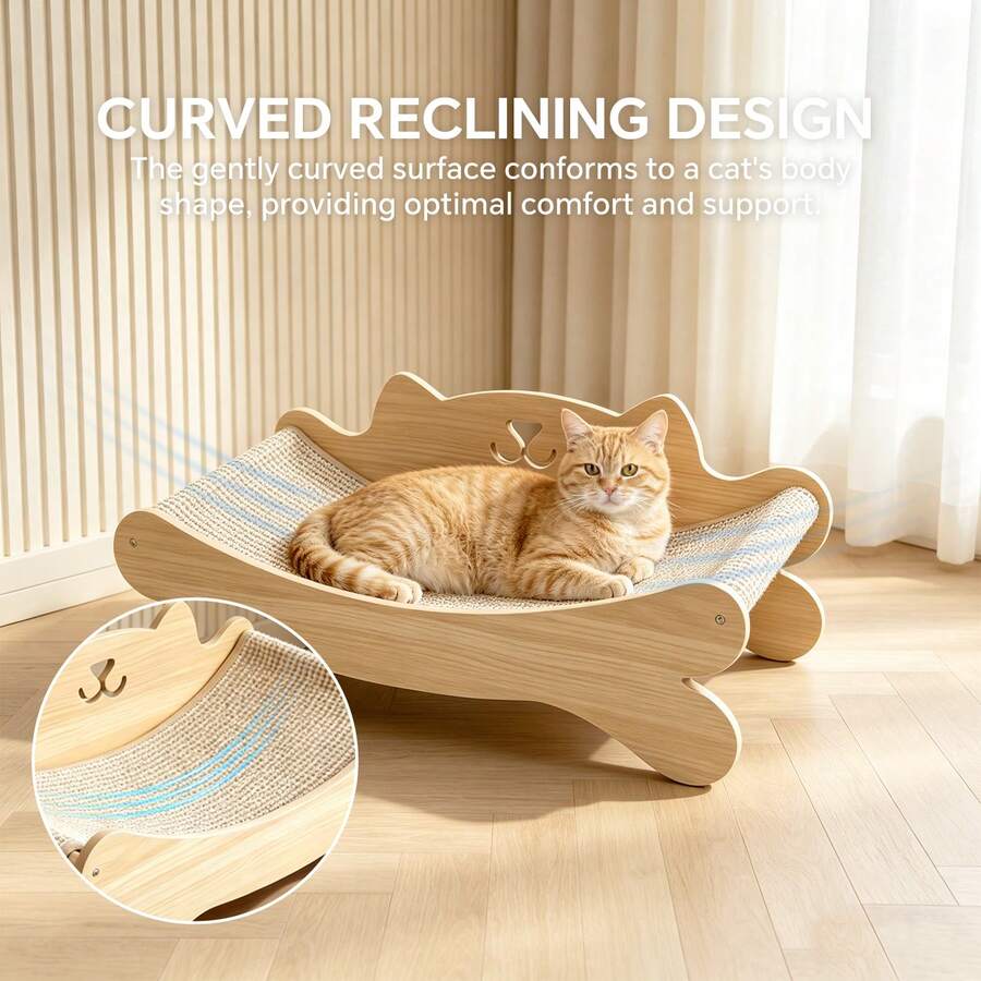 Solid wood cat-shaped lounge bed with a sisal scratcher surface for indoor cats