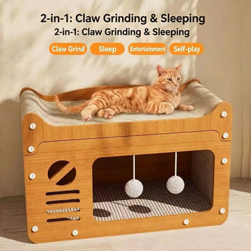Cardboard 2-in-1 cat scratcher house and indoor pet cave bed with hanging balls for playing and scratching