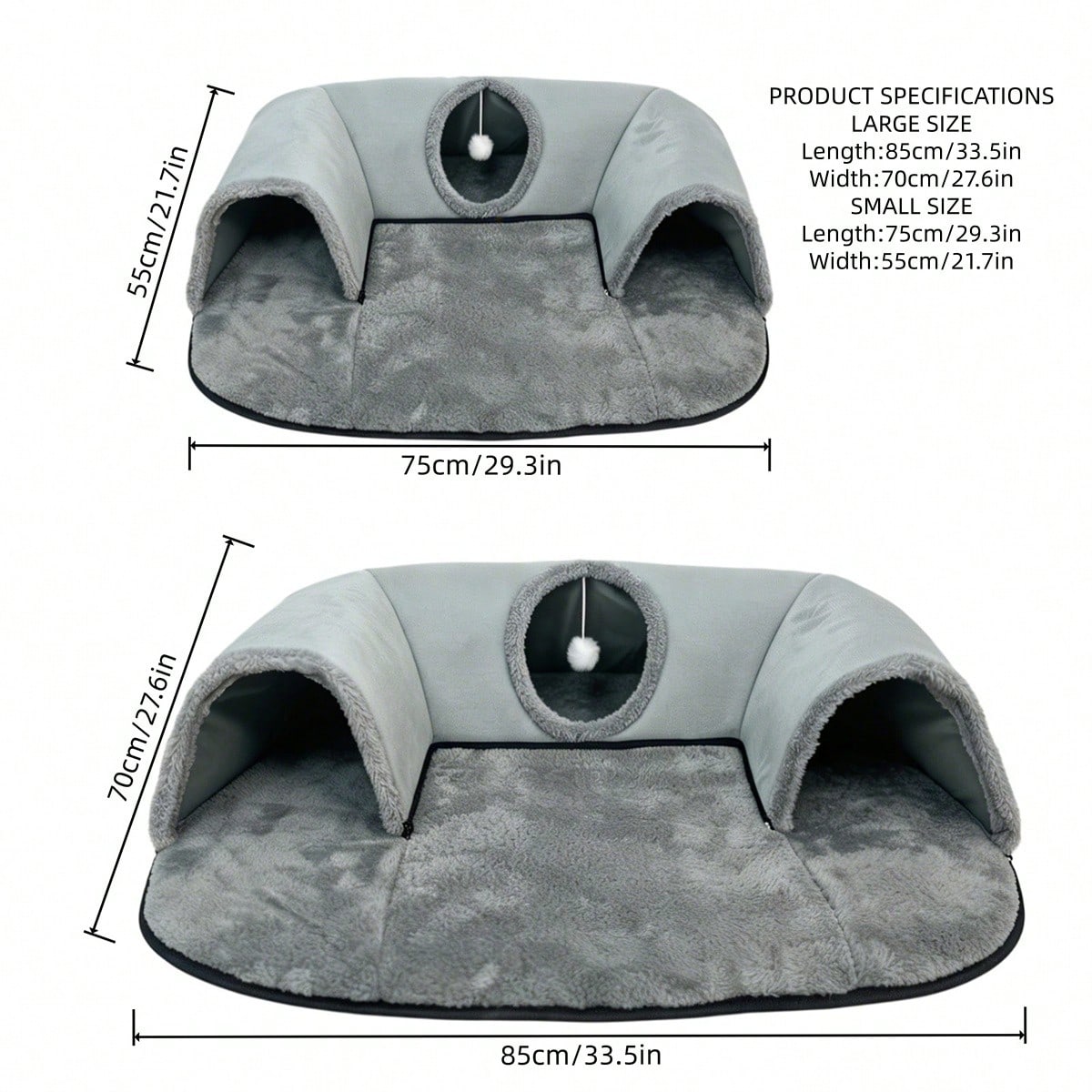 2-In-1 Cat Tunnel Bed With Plush Cushion, Multi-Size Optional, Soft Warm Hideaway With Interactive Toy, Cozy Cat Play & Rest Cave For Indoor Cats