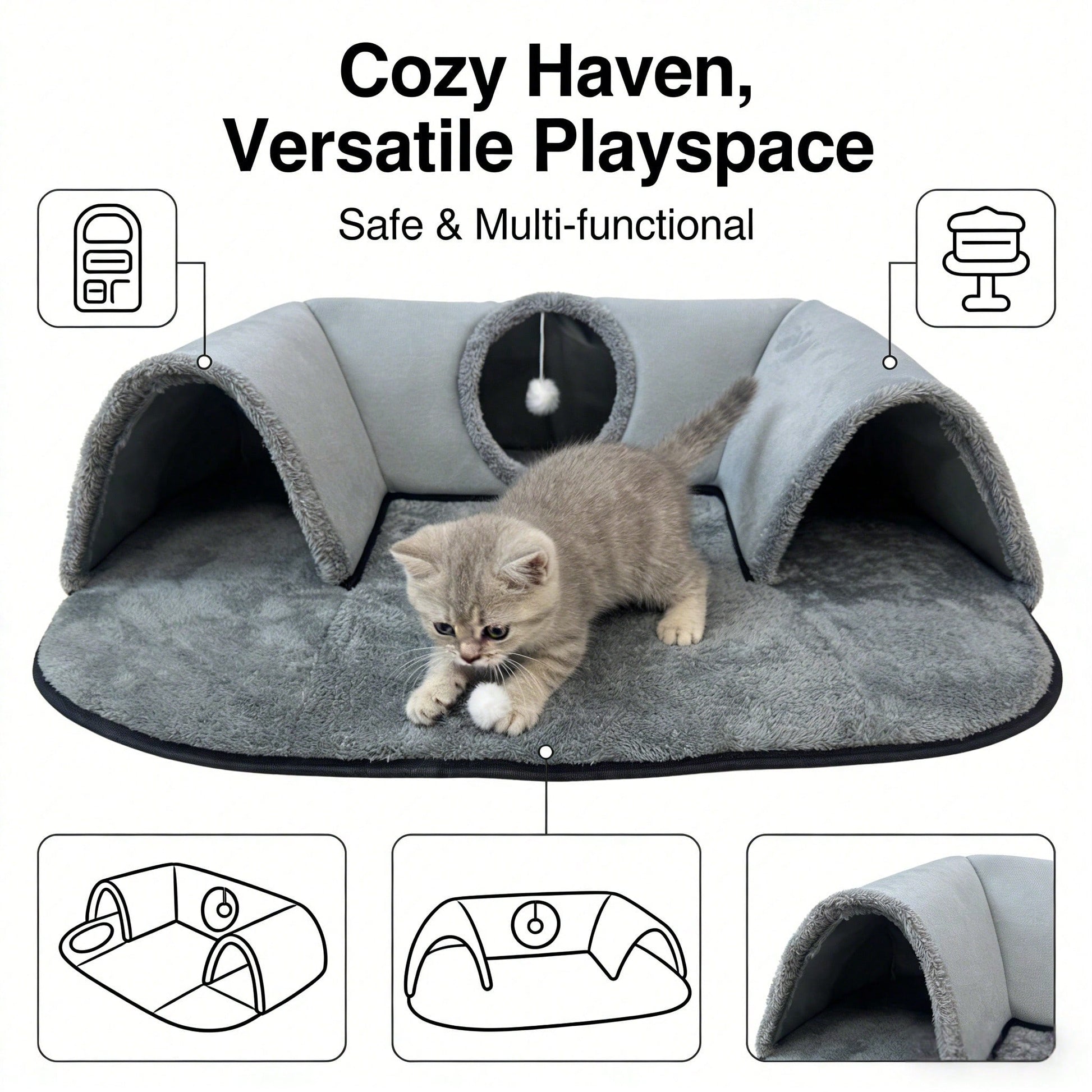 2-In-1 Cat Tunnel Bed With Plush Cushion, Multi-Size Optional, Soft Warm Hideaway With Interactive Toy, Cozy Cat Play & Rest Cave For Indoor Cats