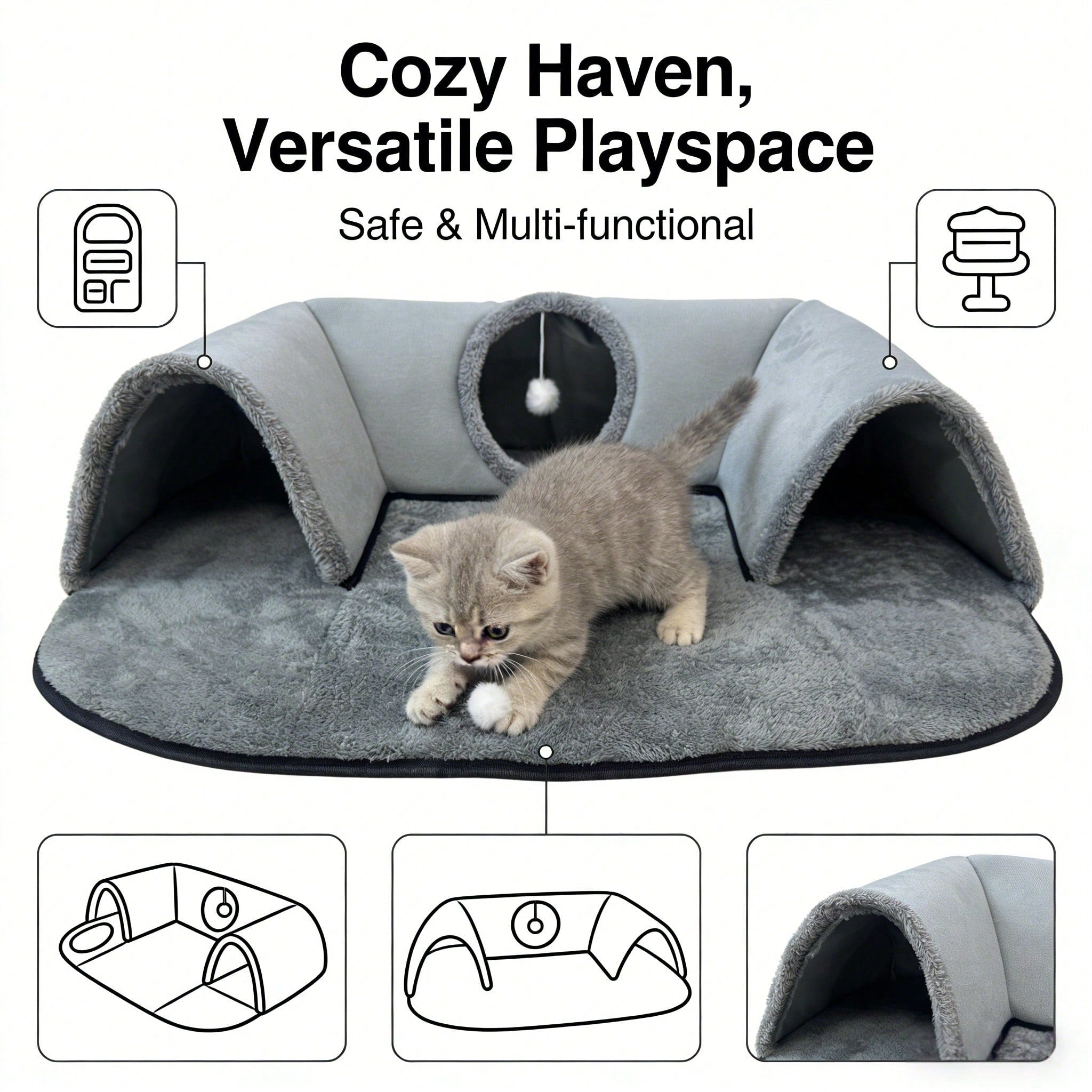 2-In-1 Cat Tunnel Bed With Plush Cushion, Multi-Size Optional, Soft Warm Hideaway With Interactive Toy, Cozy Cat Play & Rest Cave For Indoor Cats