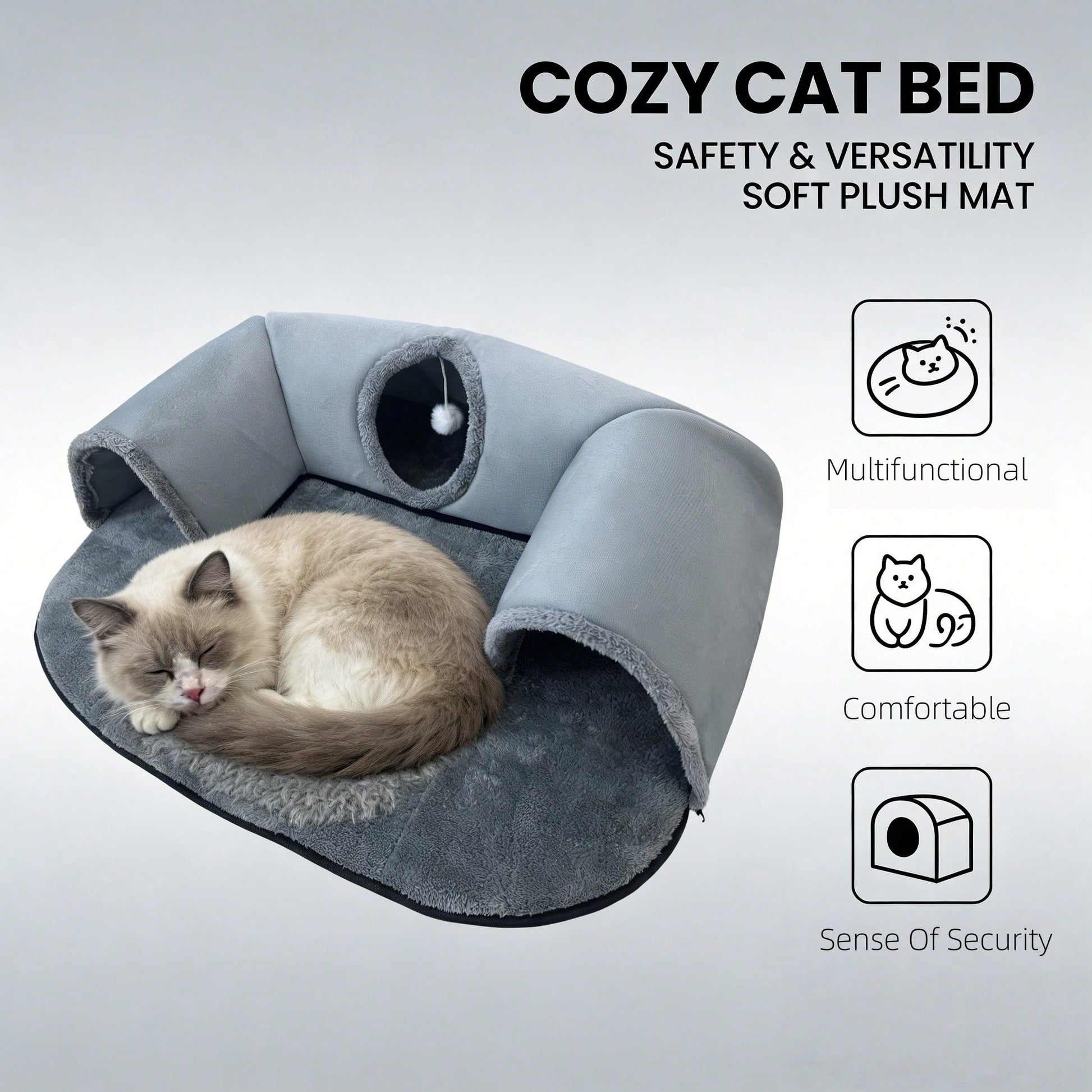 2-In-1 Cat Tunnel Bed With Plush Cushion, Multi-Size Optional, Soft Warm Hideaway With Interactive Toy, Cozy Cat Play & Rest Cave For Indoor Cats