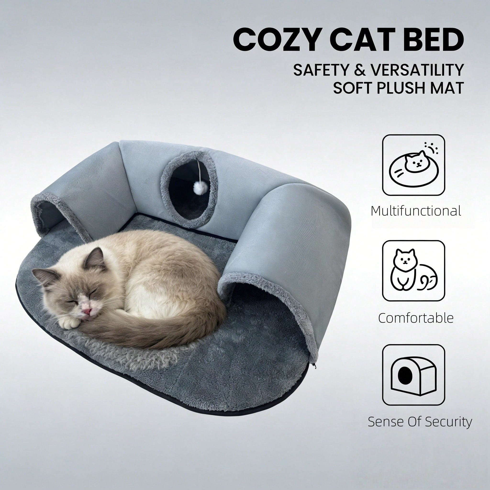 2-In-1 Cat Tunnel Bed With Plush Cushion, Multi-Size Optional, Soft Warm Hideaway With Interactive Toy, Cozy Cat Play & Rest Cave For Indoor Cats
