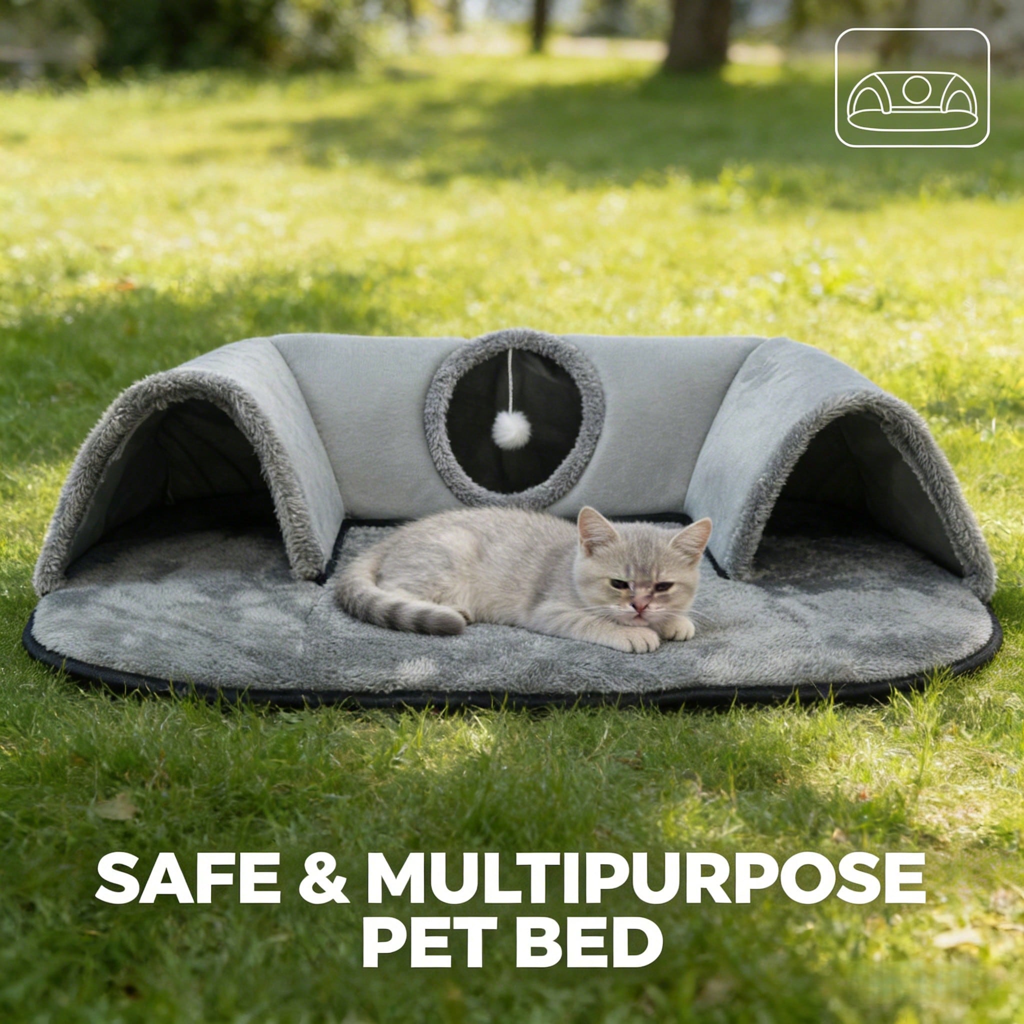 2-In-1 Cat Tunnel Bed With Plush Cushion, Multi-Size Optional, Soft Warm Hideaway With Interactive Toy, Cozy Cat Play & Rest Cave For Indoor Cats