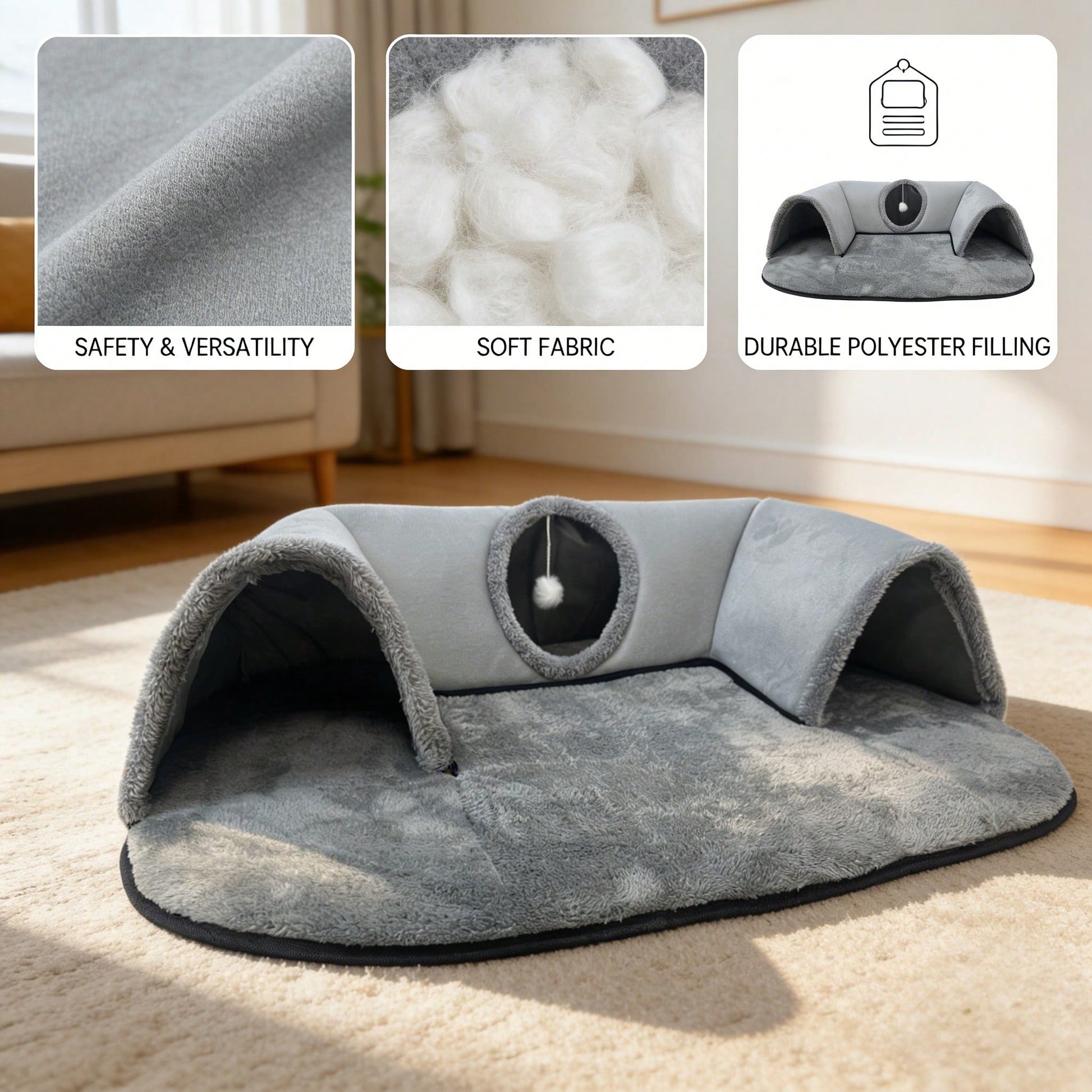 2-In-1 Cat Tunnel Bed With Plush Cushion, Multi-Size Optional, Soft Warm Hideaway With Interactive Toy, Cozy Cat Play & Rest Cave For Indoor Cats