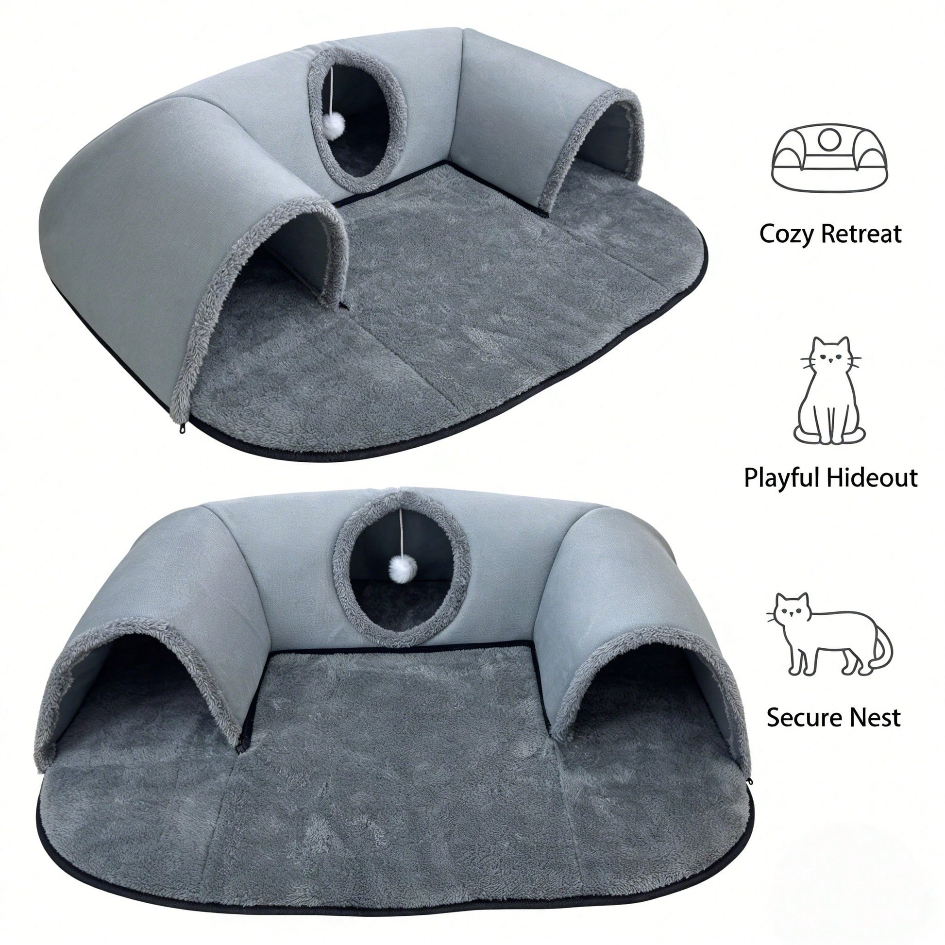 2-In-1 Cat Tunnel Bed With Plush Cushion, Multi-Size Optional, Soft Warm Hideaway With Interactive Toy, Cozy Cat Play & Rest Cave For Indoor Cats