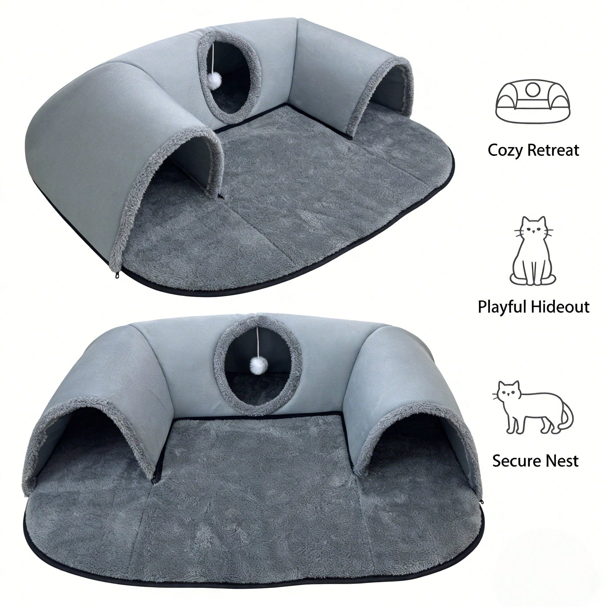 2-In-1 Cat Tunnel Bed With Plush Cushion, Multi-Size Optional, Soft Warm Hideaway With Interactive Toy, Cozy Cat Play & Rest Cave For Indoor Cats