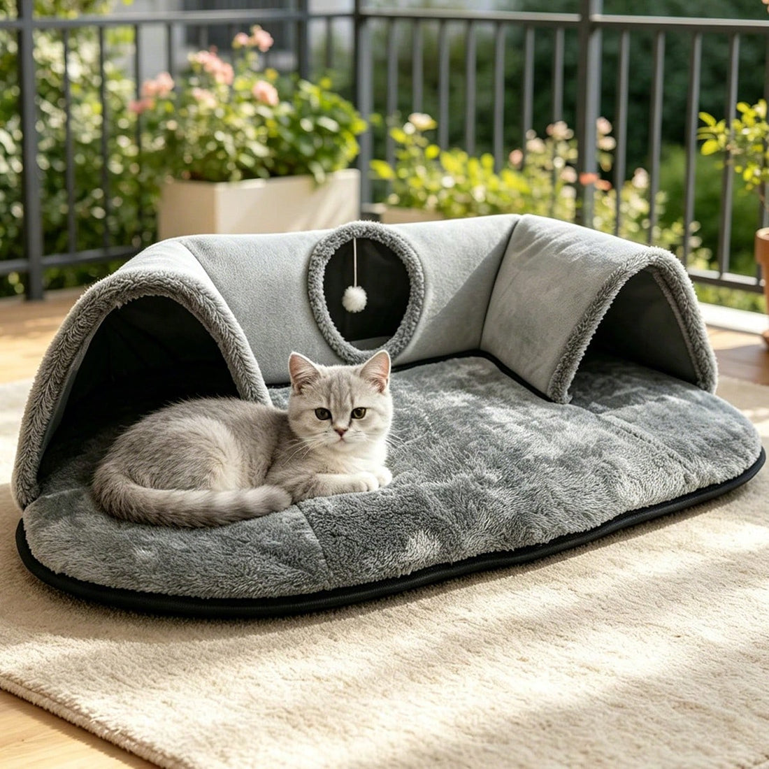 2-In-1 Cat Tunnel Bed With Plush Cushion, Multi-Size Optional, Soft Warm Hideaway With Interactive Toy, Cozy Cat Play & Rest Cave For Indoor Cats