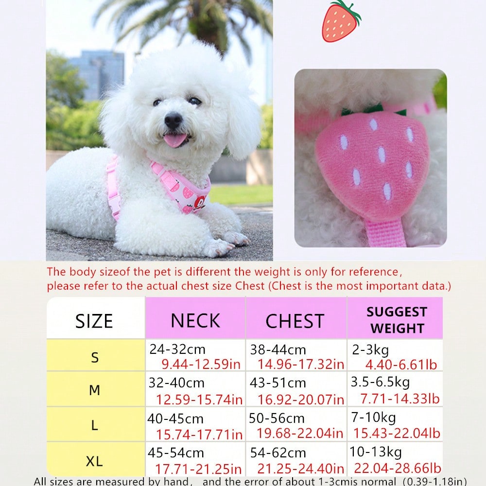 Yellow polyester pet harness and leash set with fruit and vegetable pattern, adjustable vest design for cats and small dogs for outdoor walking.