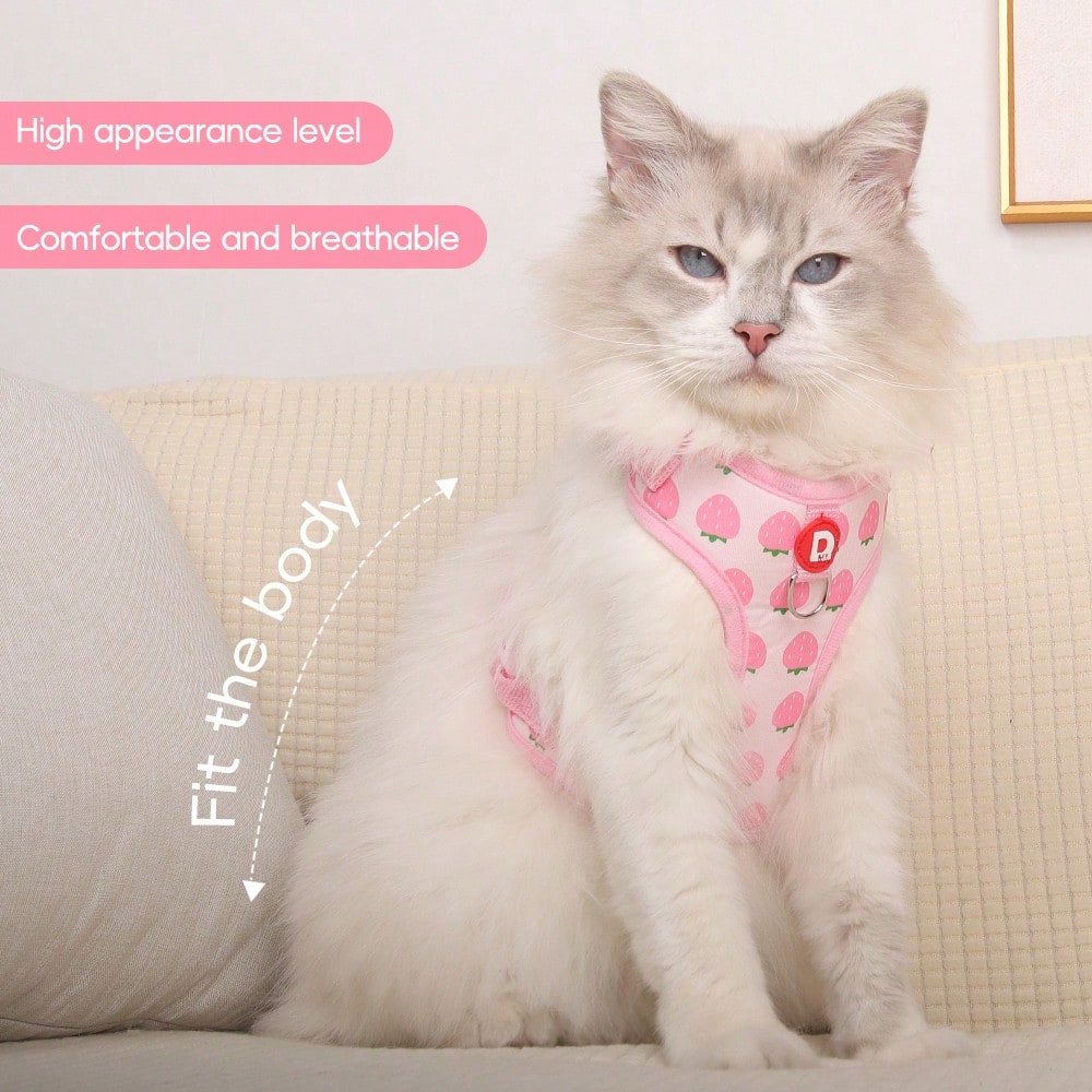 Yellow polyester pet harness and leash set with fruit and vegetable pattern, adjustable vest design for cats and small dogs for outdoor walking.