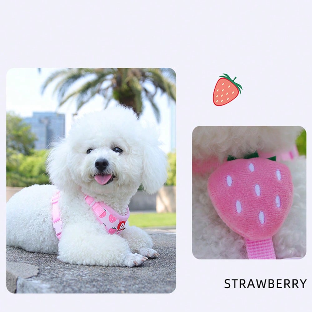 Yellow polyester pet harness and leash set with fruit and vegetable pattern, adjustable vest design for cats and small dogs for outdoor walking.