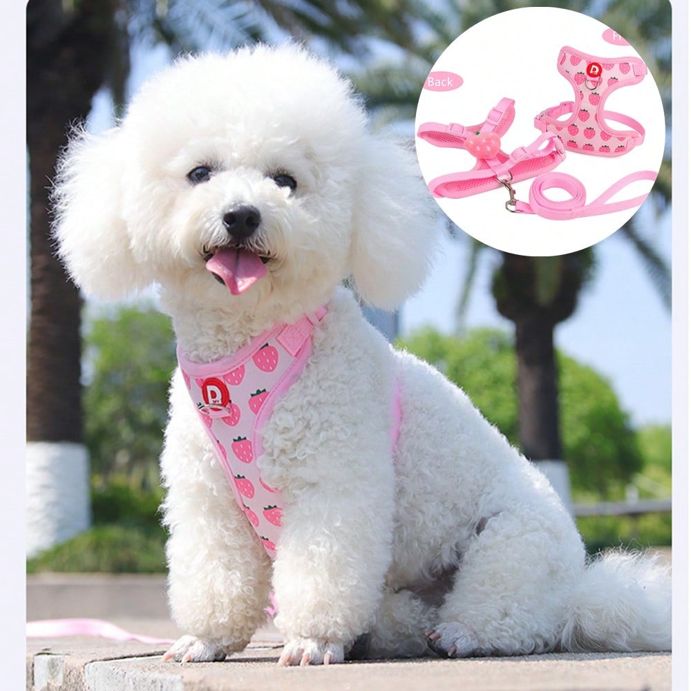 Yellow polyester pet harness and leash set with fruit and vegetable pattern, adjustable vest design for cats and small dogs for outdoor walking.
