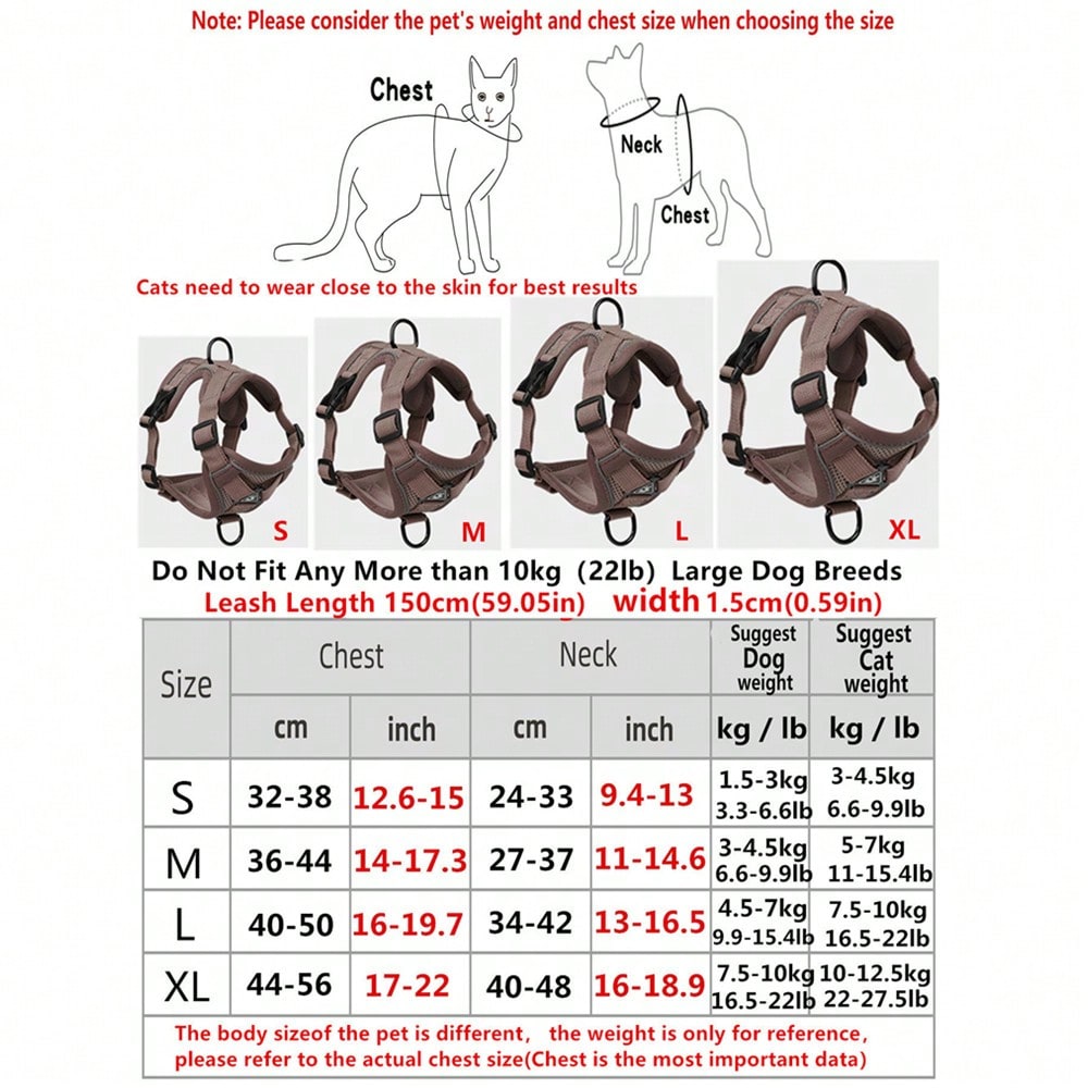 Coffee brown reflective pet harness and leash set with adjustable anti-escape chest strap for cats and small dogs