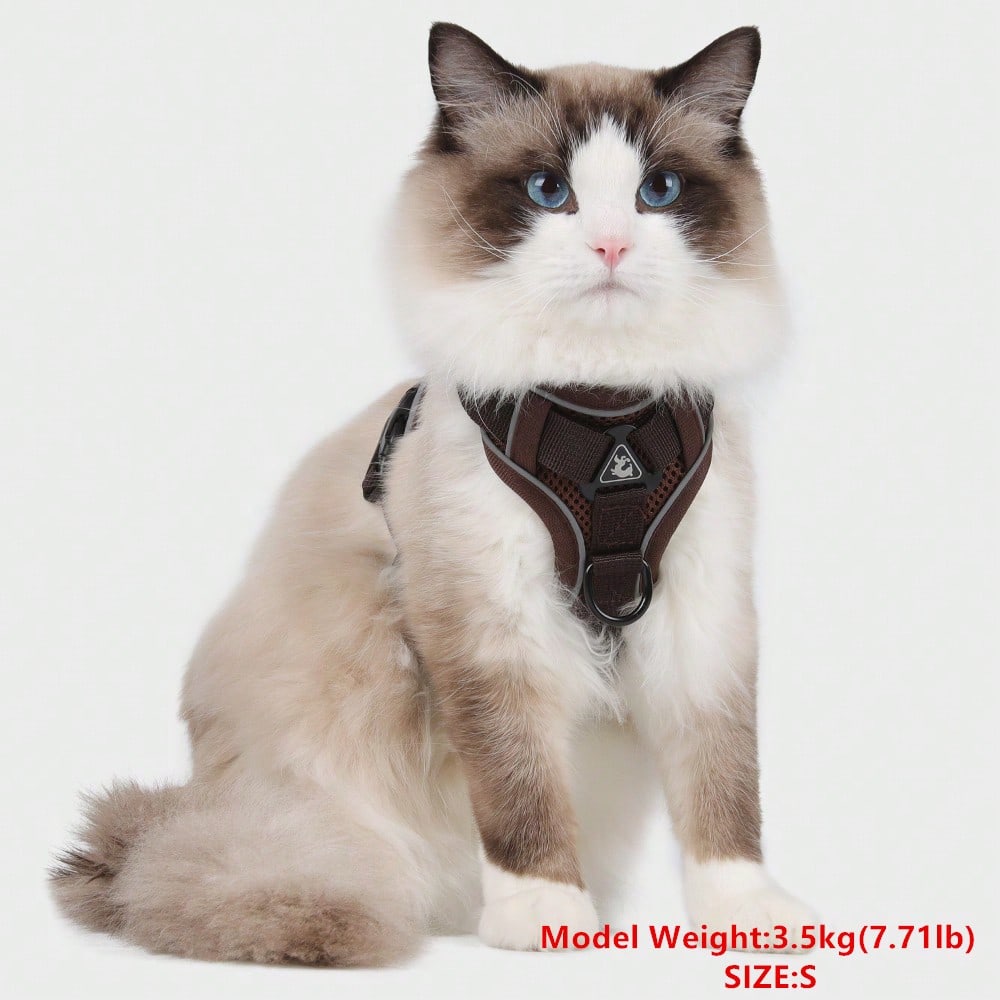 Coffee brown reflective pet harness and leash set with adjustable anti-escape chest strap for cats and small dogs