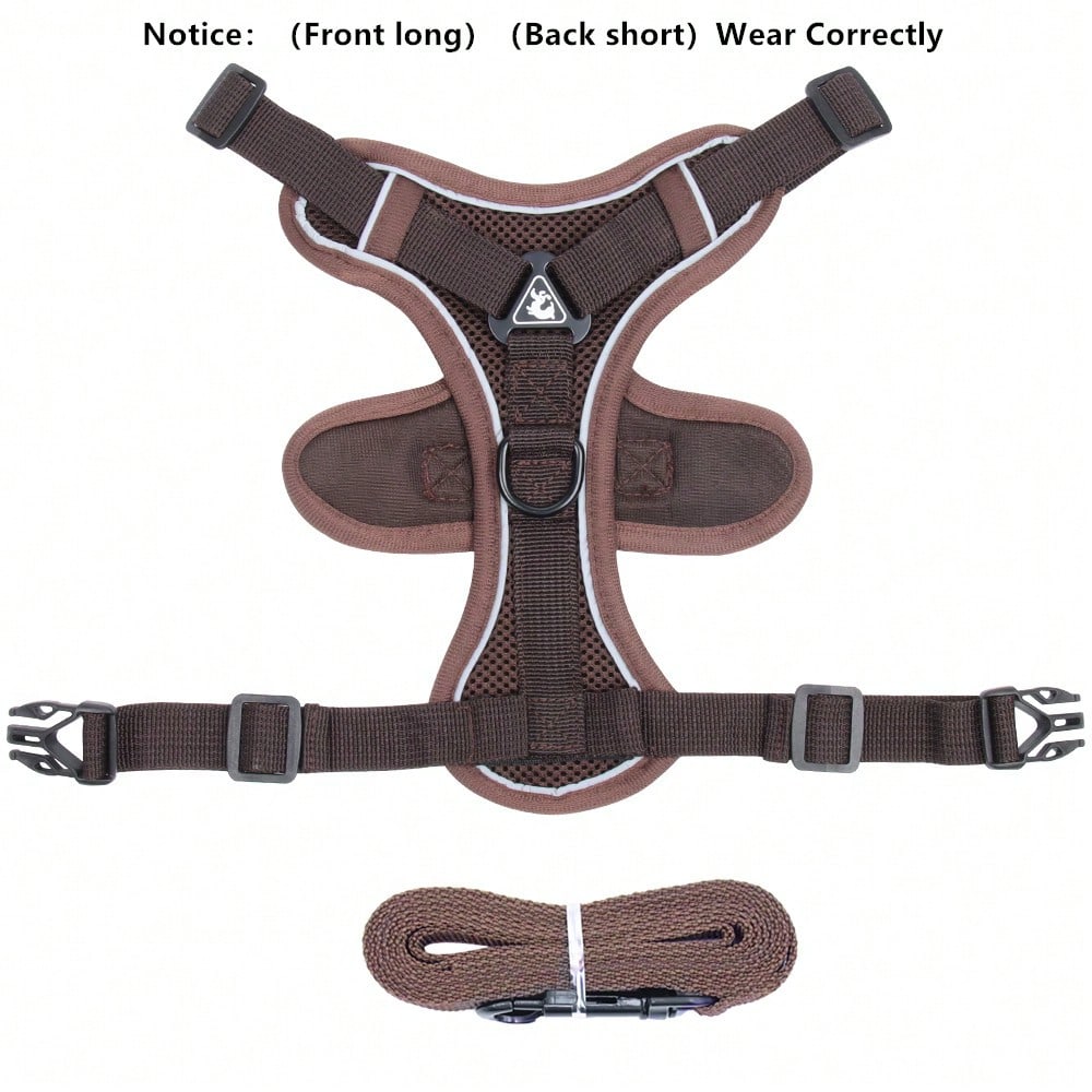 Coffee brown reflective pet harness and leash set with adjustable anti-escape chest strap for cats and small dogs