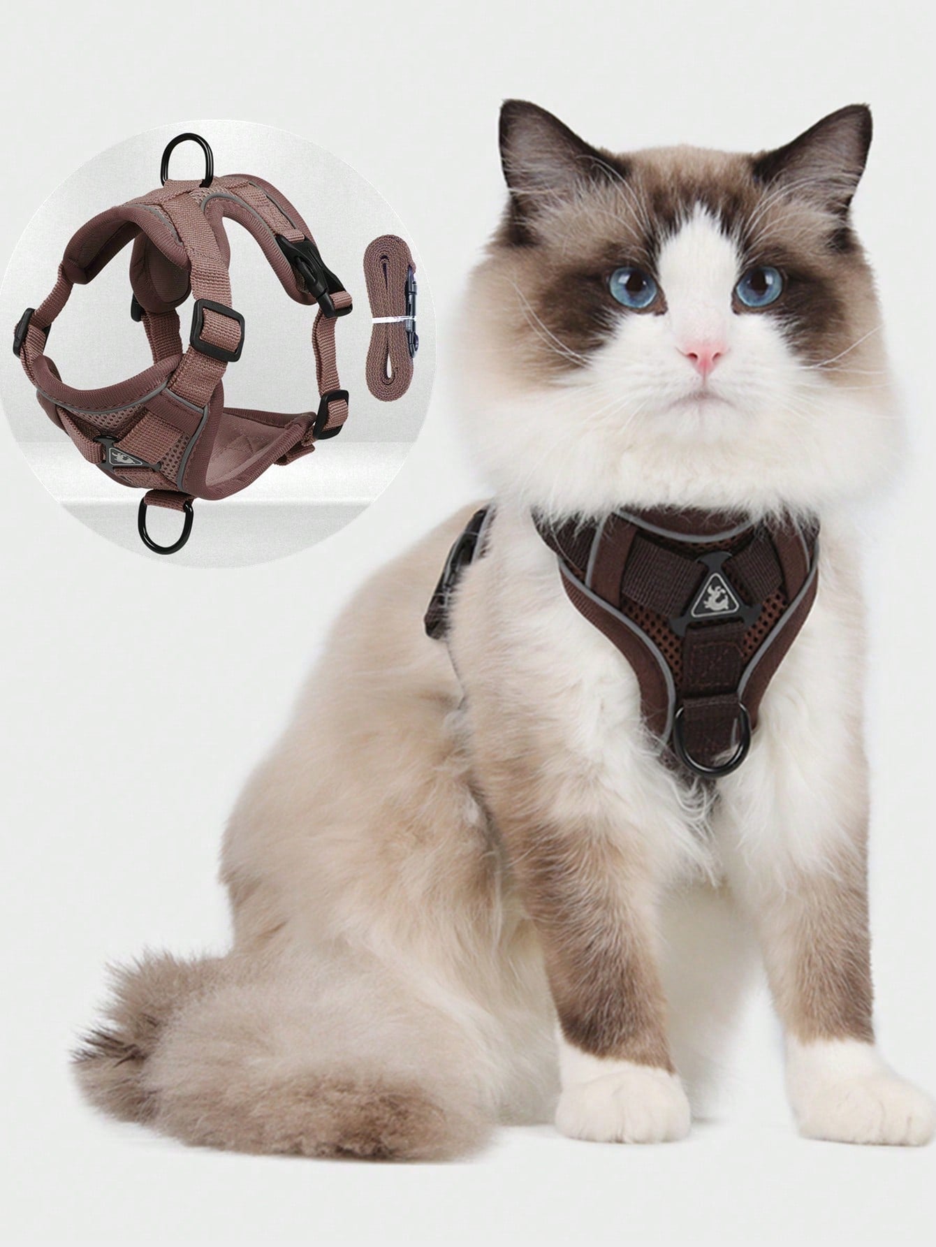 Coffee brown reflective pet harness and leash set with adjustable anti-escape chest strap for cats and small dogs