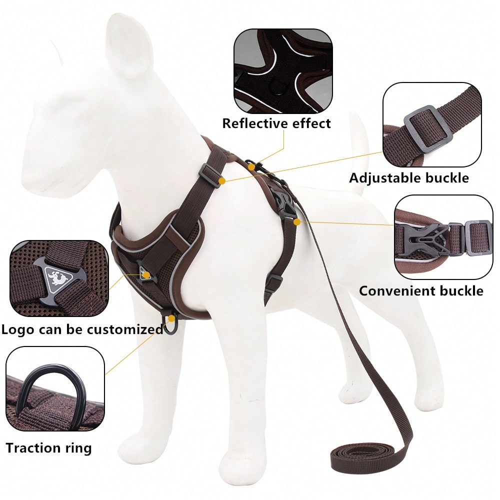 Coffee brown reflective pet harness and leash set with adjustable anti-escape chest strap for cats and small dogs