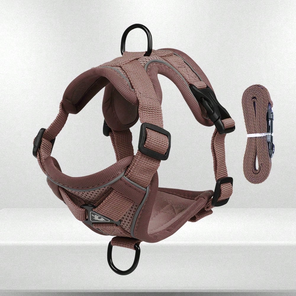 Coffee brown reflective pet harness and leash set with adjustable anti-escape chest strap for cats and small dogs