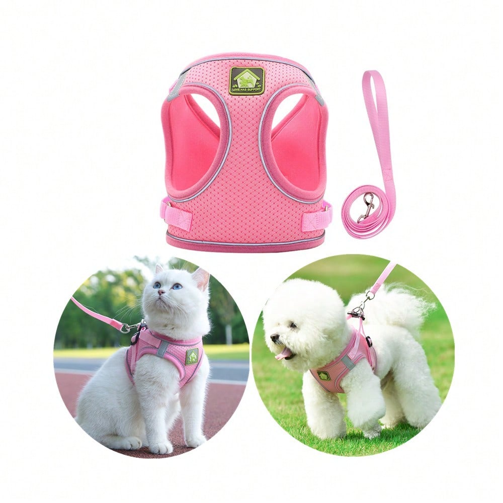 Pink vest-style pet harness and leash set with fruit and vegetable pattern, reflective adjustable polyester design for cats and puppies