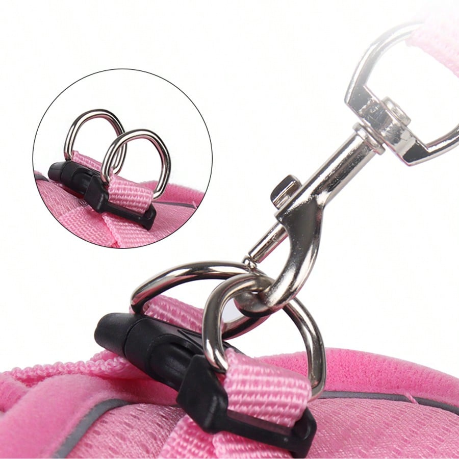Pink vest-style pet harness and leash set with fruit and vegetable pattern, reflective adjustable polyester design for cats and puppies