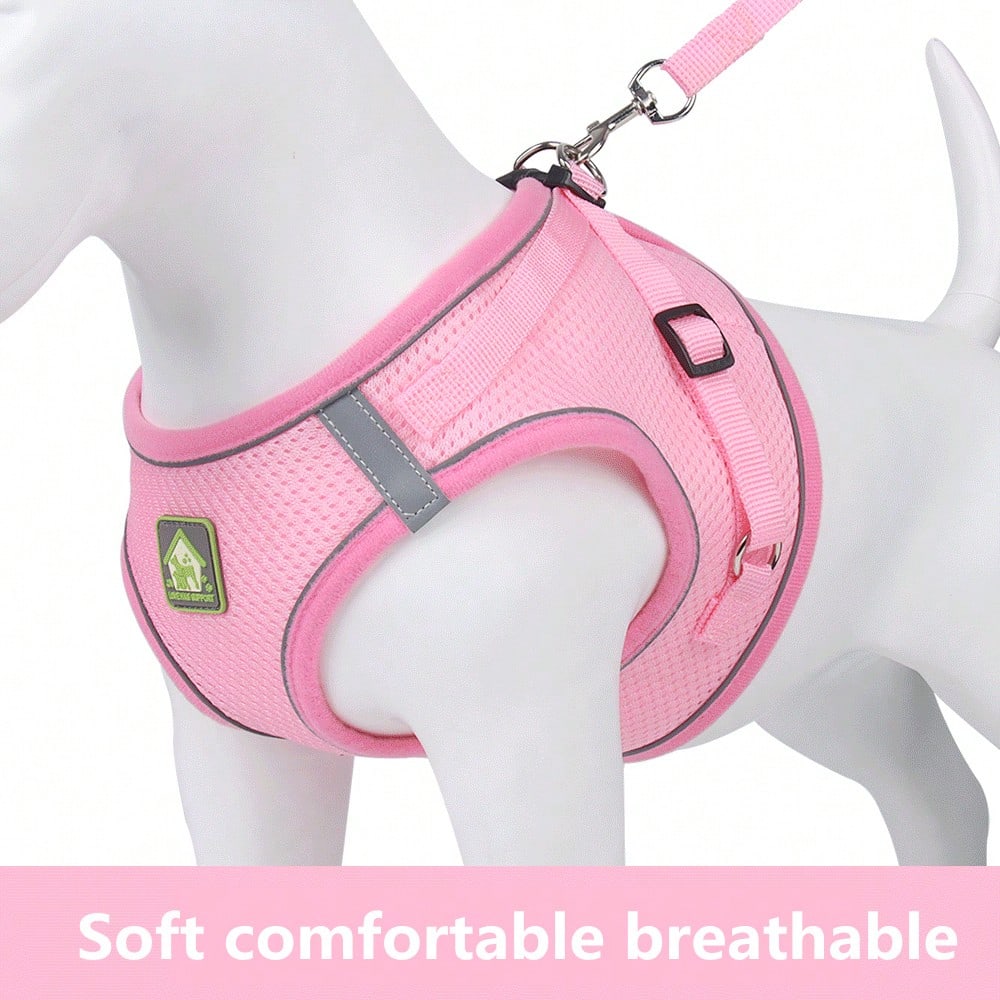 Pink vest-style pet harness and leash set with fruit and vegetable pattern, reflective adjustable polyester design for cats and puppies