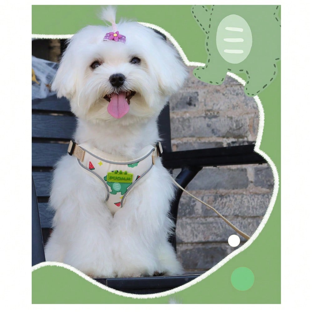 Beige polyester dog harness and leash set with adjustable reflective design for small dogs, suitable for outdoor walking in all seasons.