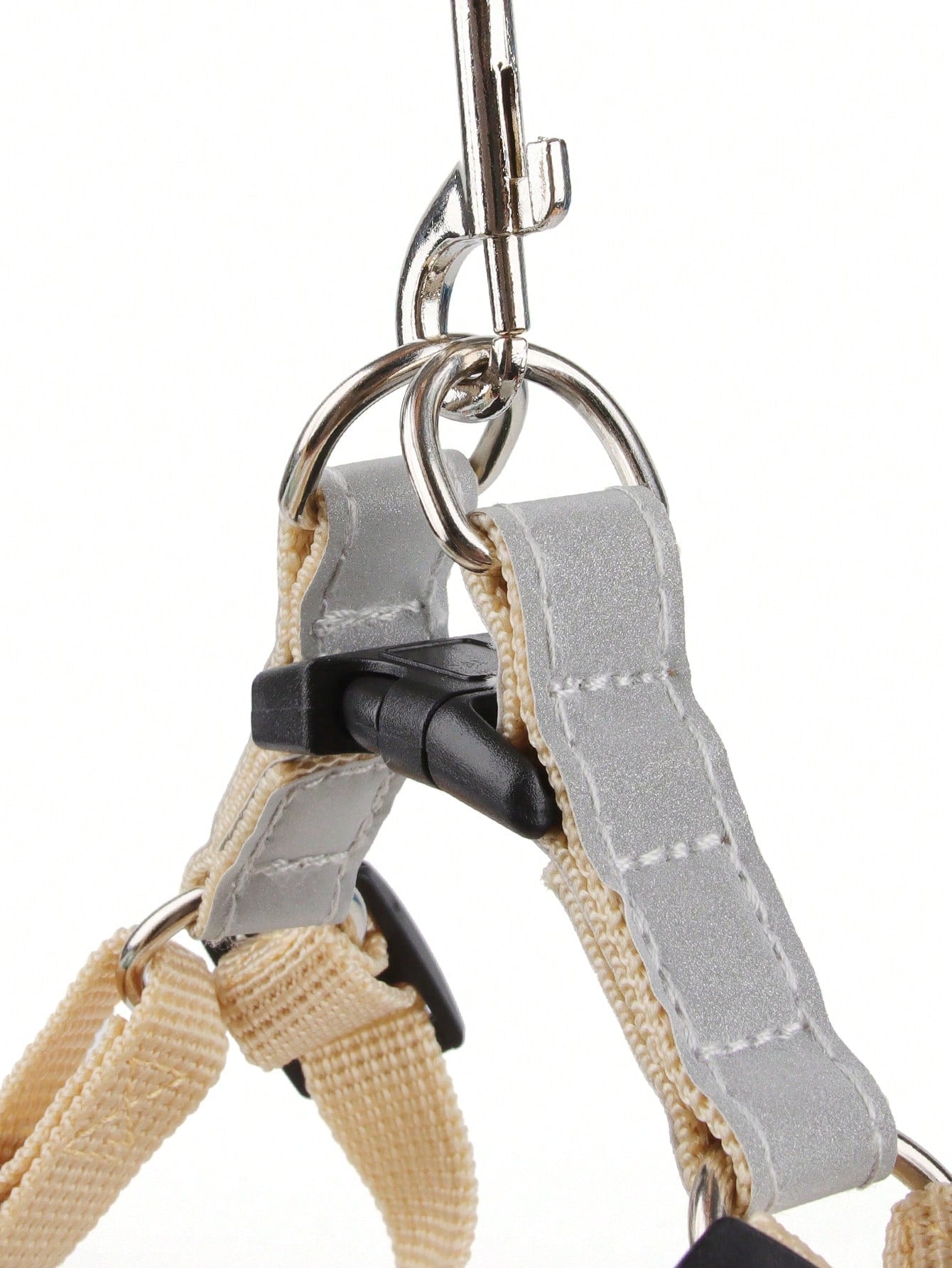 Beige polyester dog harness and leash set with adjustable reflective design for small dogs, suitable for outdoor walking in all seasons.