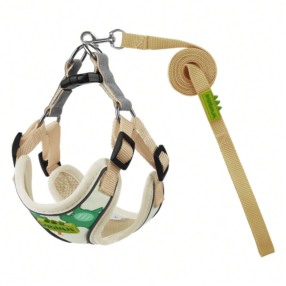 Beige polyester dog harness and leash set with adjustable reflective design for small dogs, suitable for outdoor walking in all seasons.