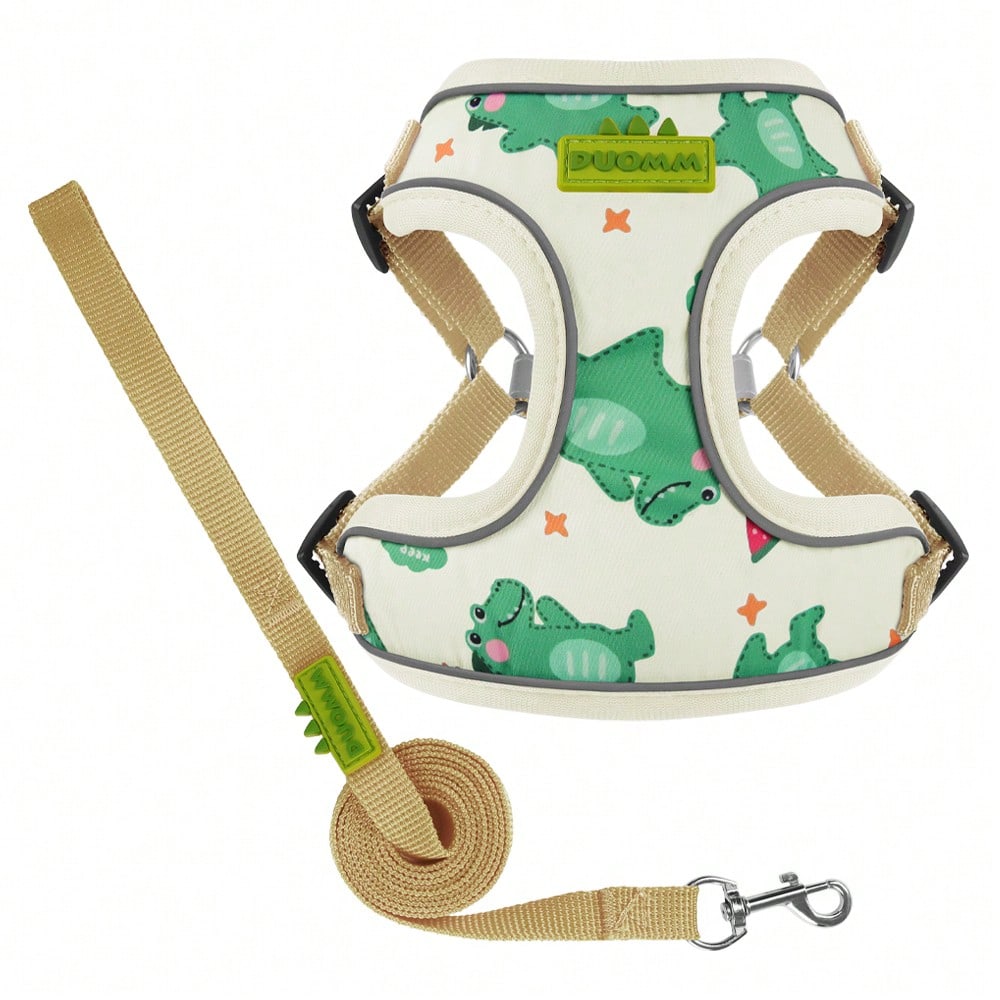 Beige polyester dog harness and leash set with adjustable reflective design for small dogs, suitable for outdoor walking in all seasons.