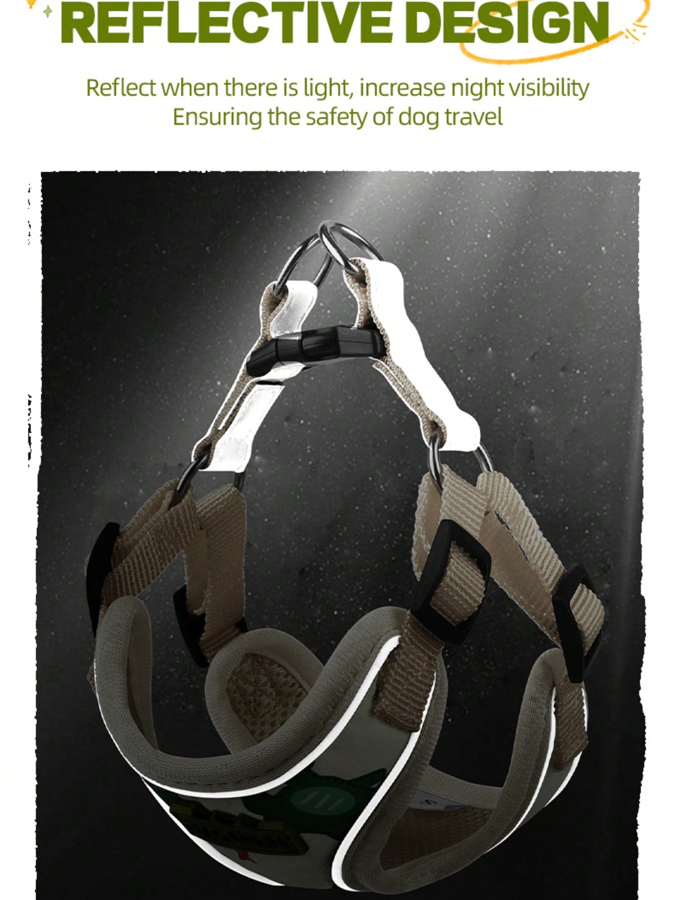 Beige polyester dog harness and leash set with adjustable reflective design for small dogs, suitable for outdoor walking in all seasons.