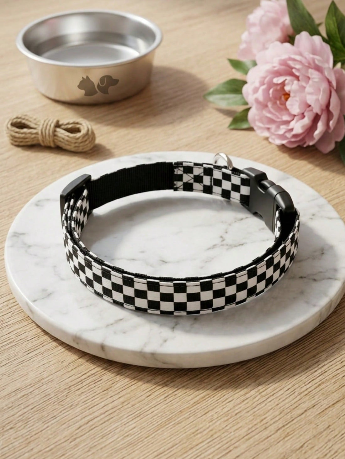 Black and white plaid polyester pet collar with geometric multicolor pattern for small and medium cats and dogs