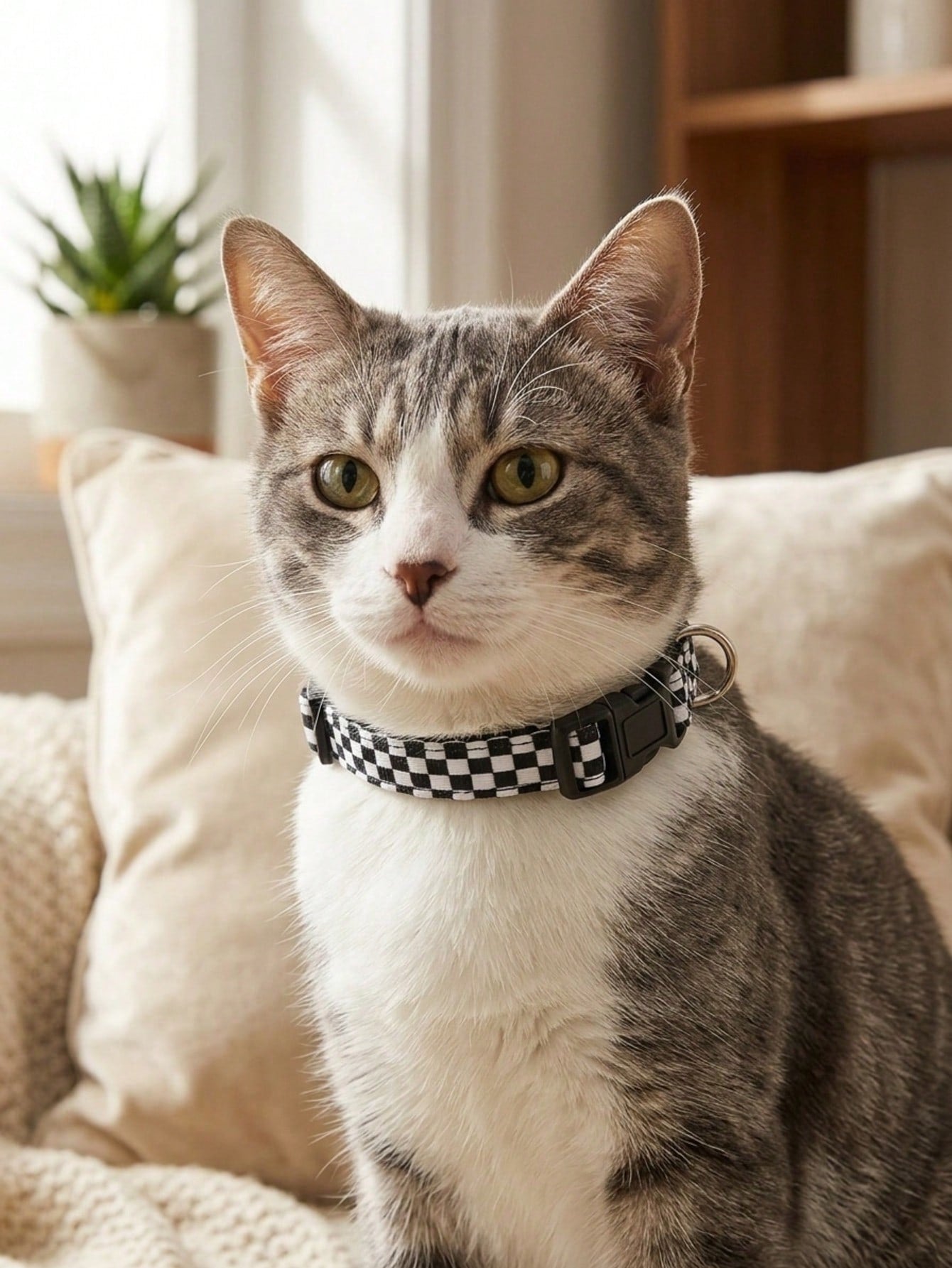 Black and white plaid polyester pet collar with geometric multicolor pattern for small and medium cats and dogs